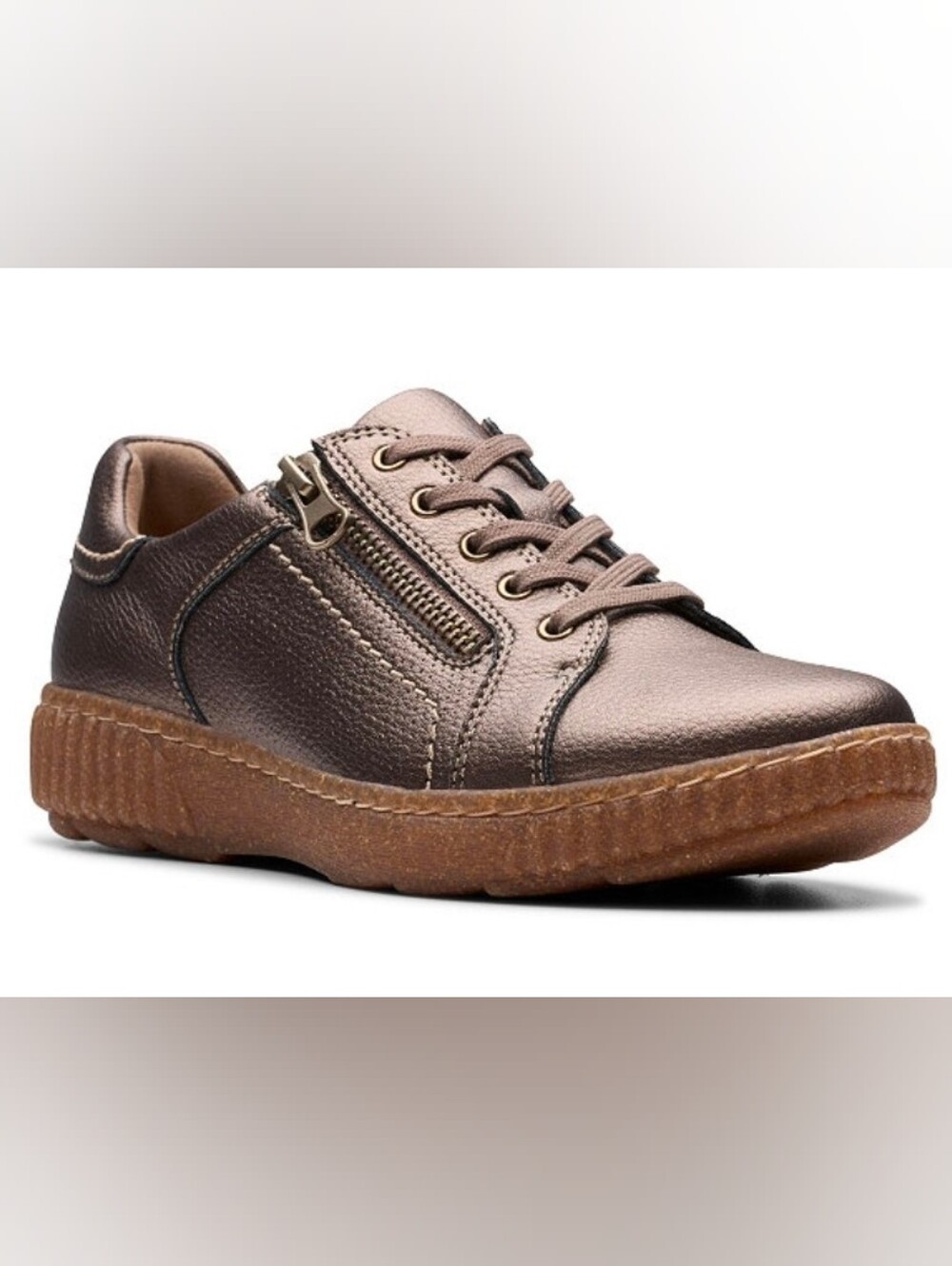 Clarks Caroline Janna Bronze Leather Comfort Sneakers 8.5M Zip Ortholite